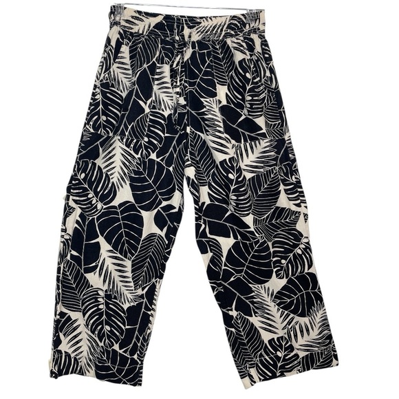 Cynthia Rowley Black And White Linen Leaf Pattern Crop Pants Summer Vacation Med - Picture 1 of 11